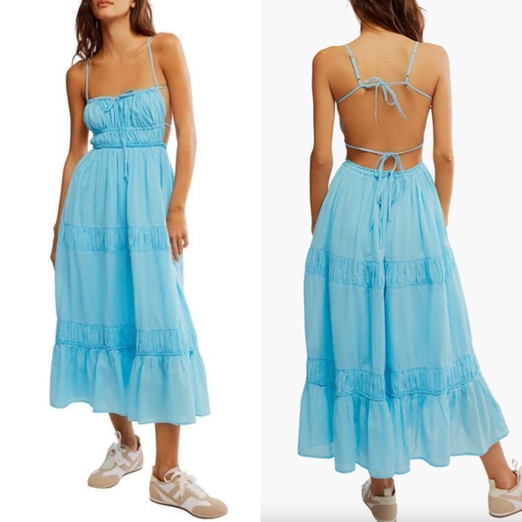 NEW FREE PEOPLE Splash AQUA Taking Sides TIERED Cotton OPEN BACK Maxi DRESS US M - Picture 2 of 16